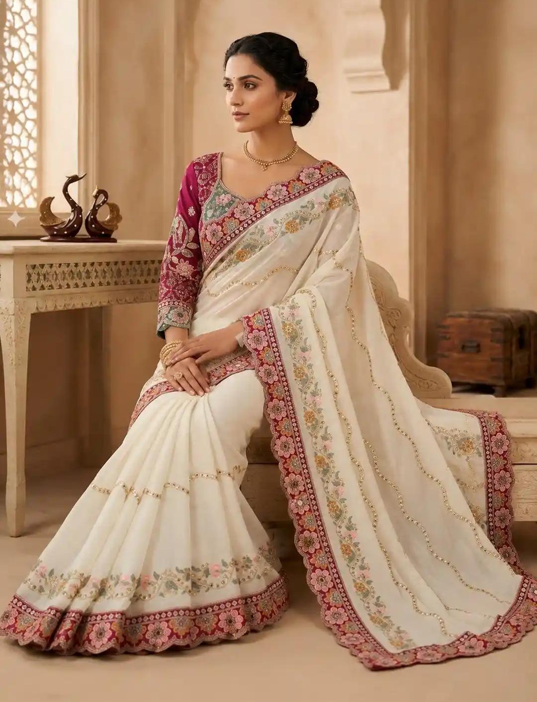 Off-White Floral Saree