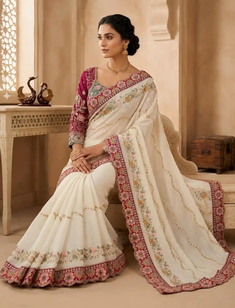 Off-White Floral Saree