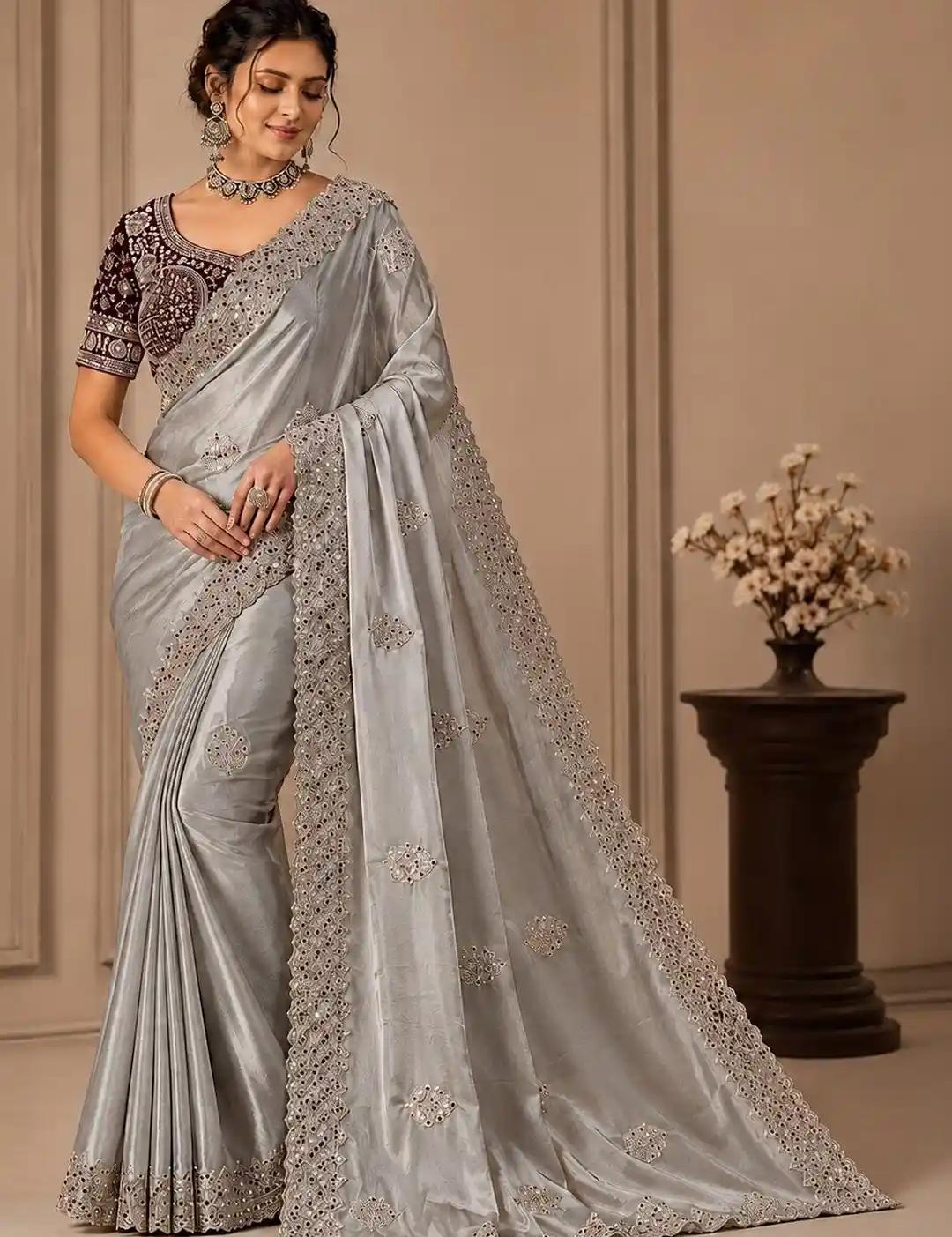 Silver Grey Mirror Saree