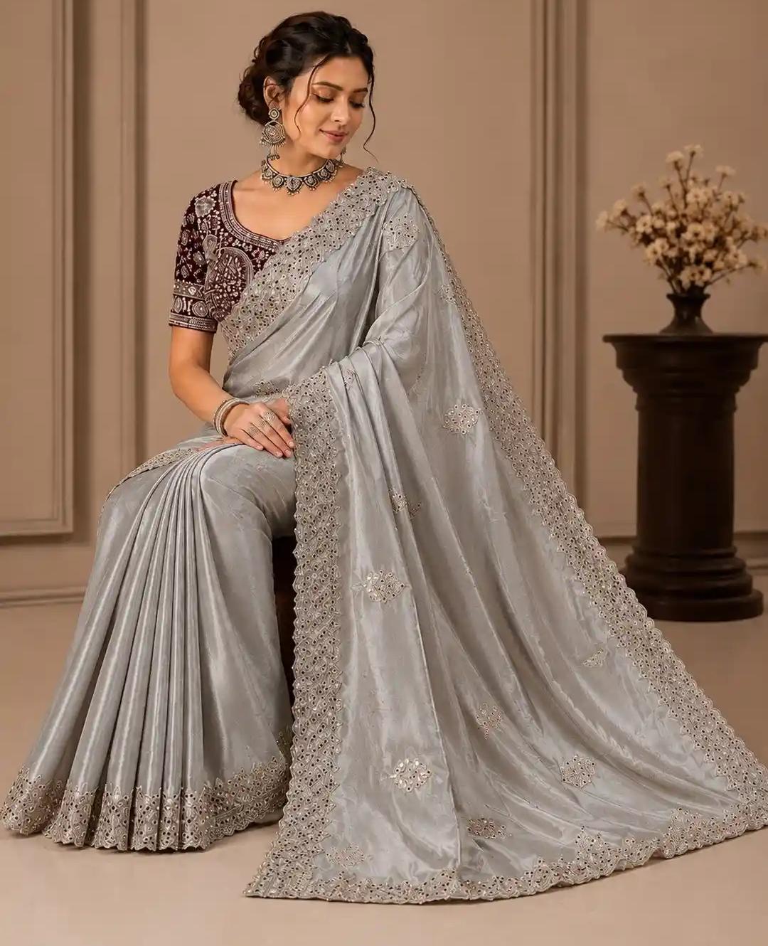 Silver Grey Mirror Saree