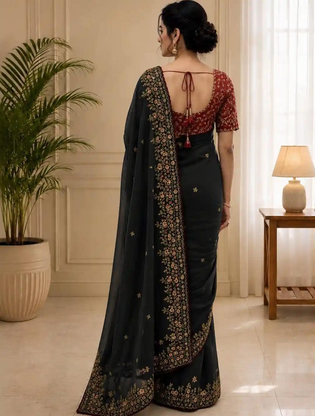 Charcoal Floral Silk Saree