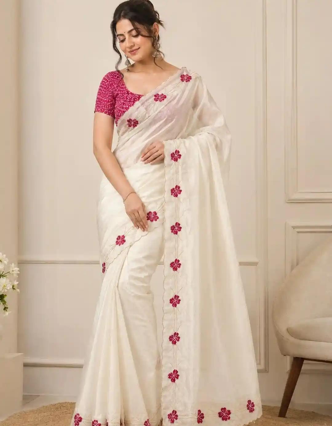 Ivory Floral Organza Saree