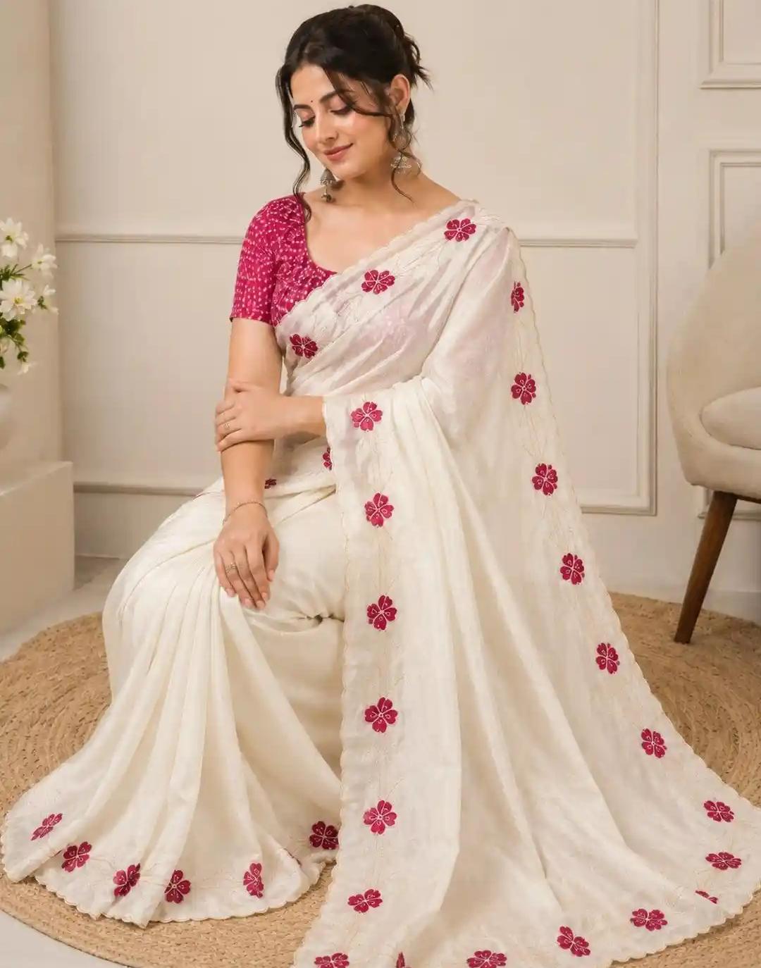 Ivory Floral Organza Saree