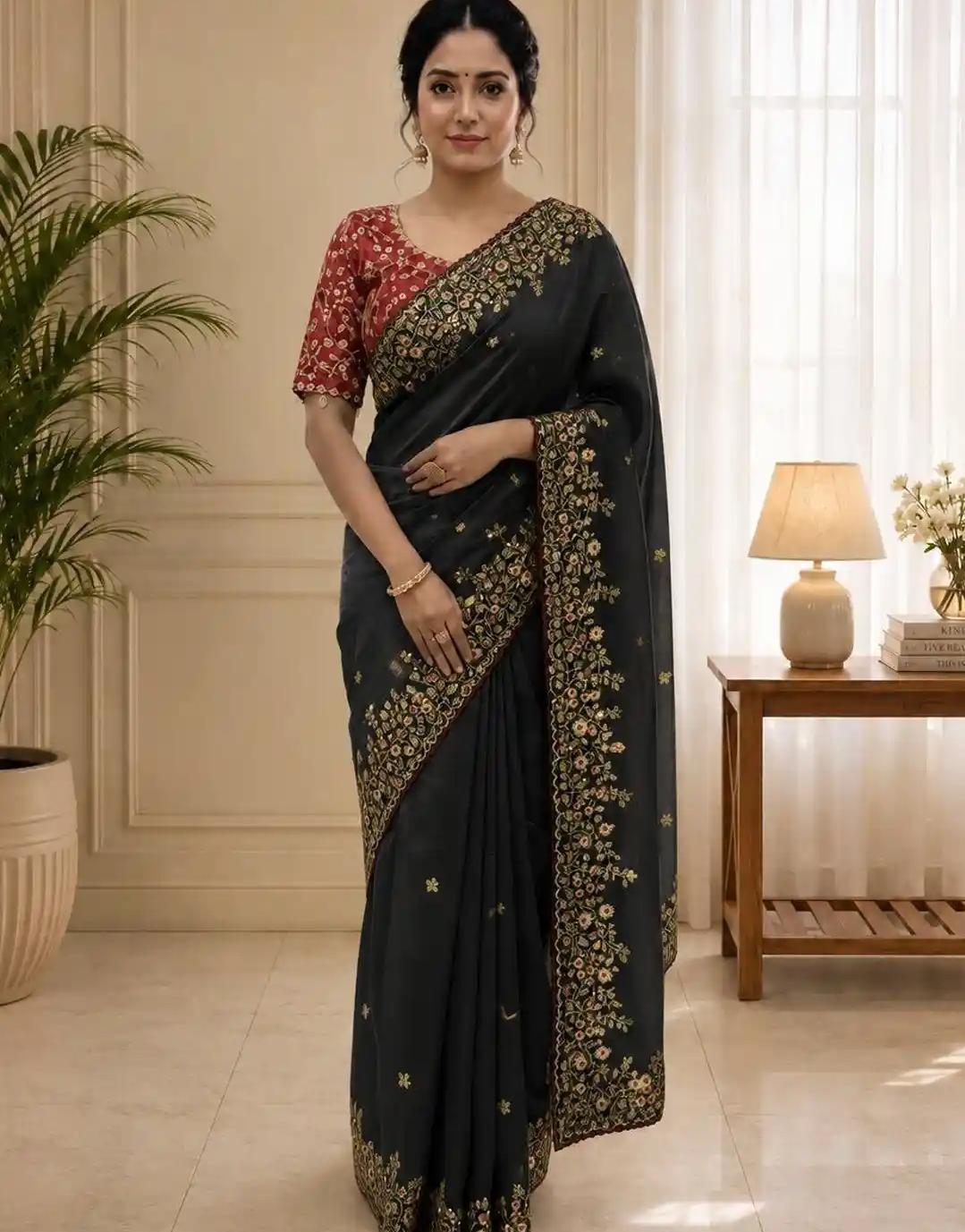 Charcoal Floral Silk Saree