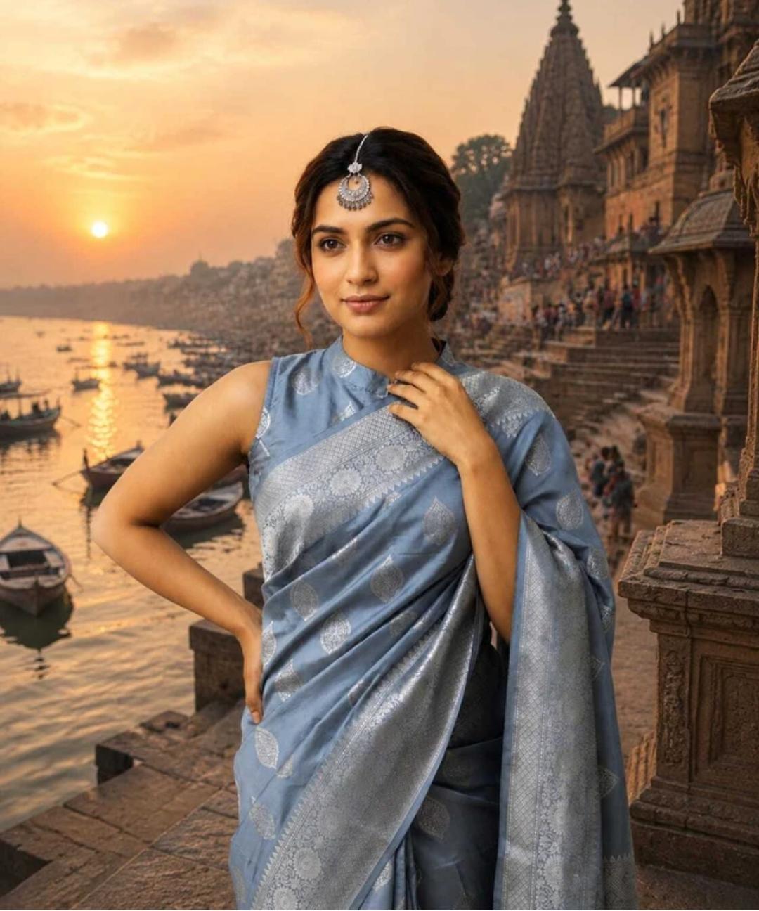 Ocean Blue Lace Saree