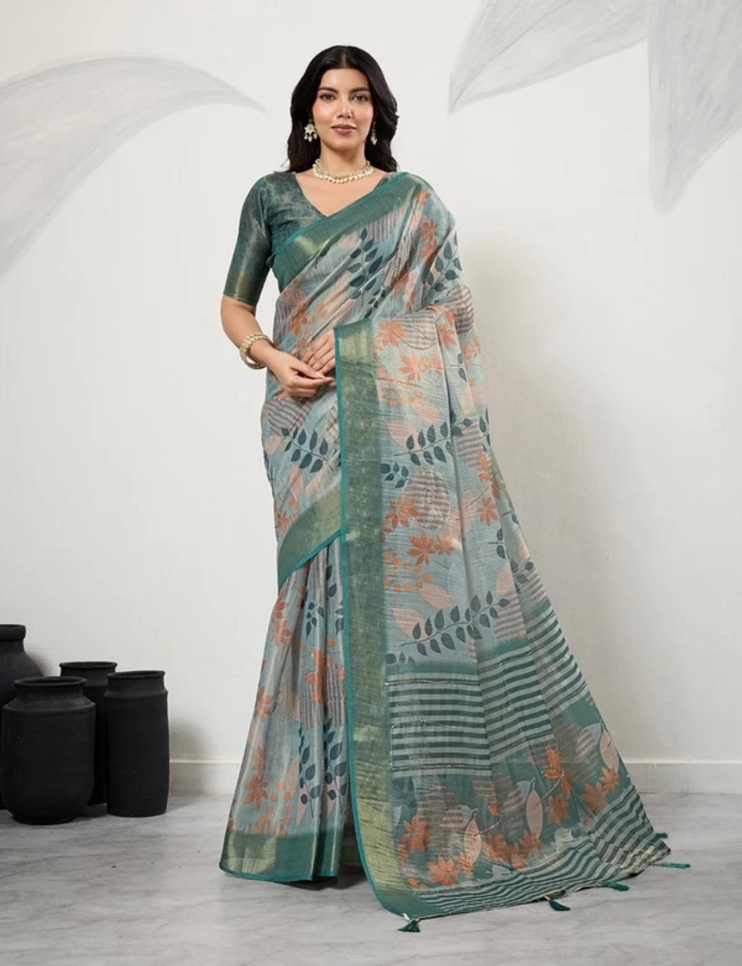 Olive Grid Net Saree