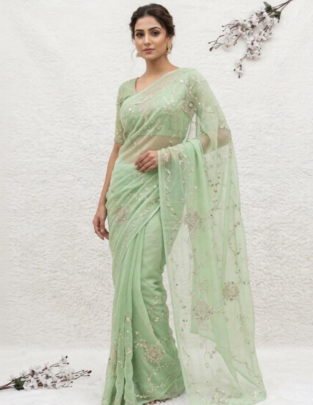 Green Floral Organza Saree