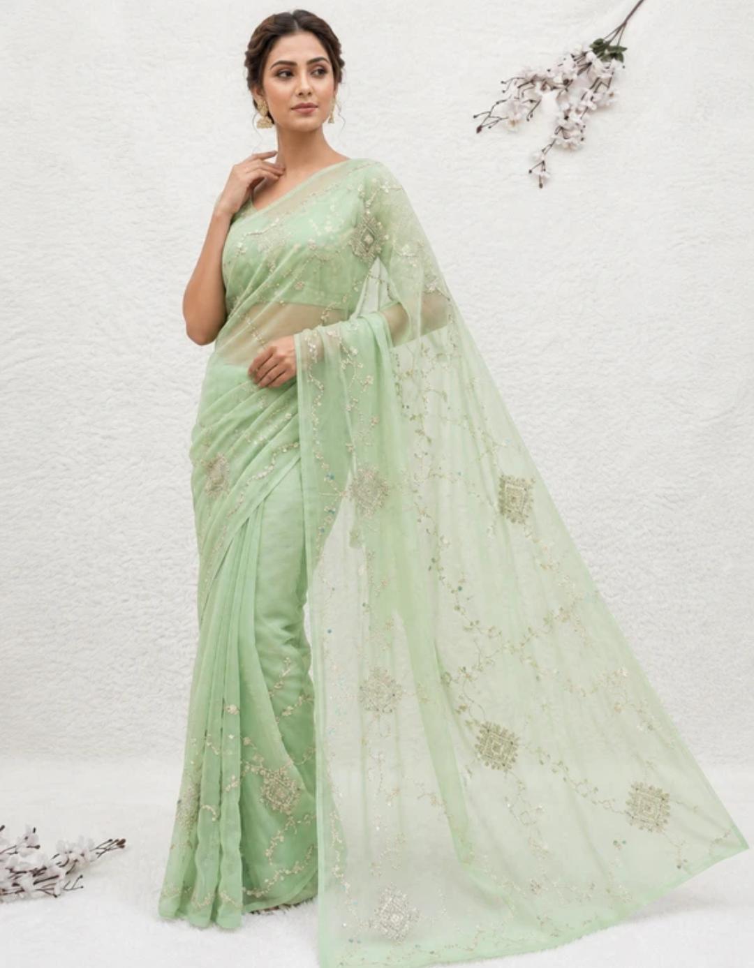 Green Floral Organza Saree