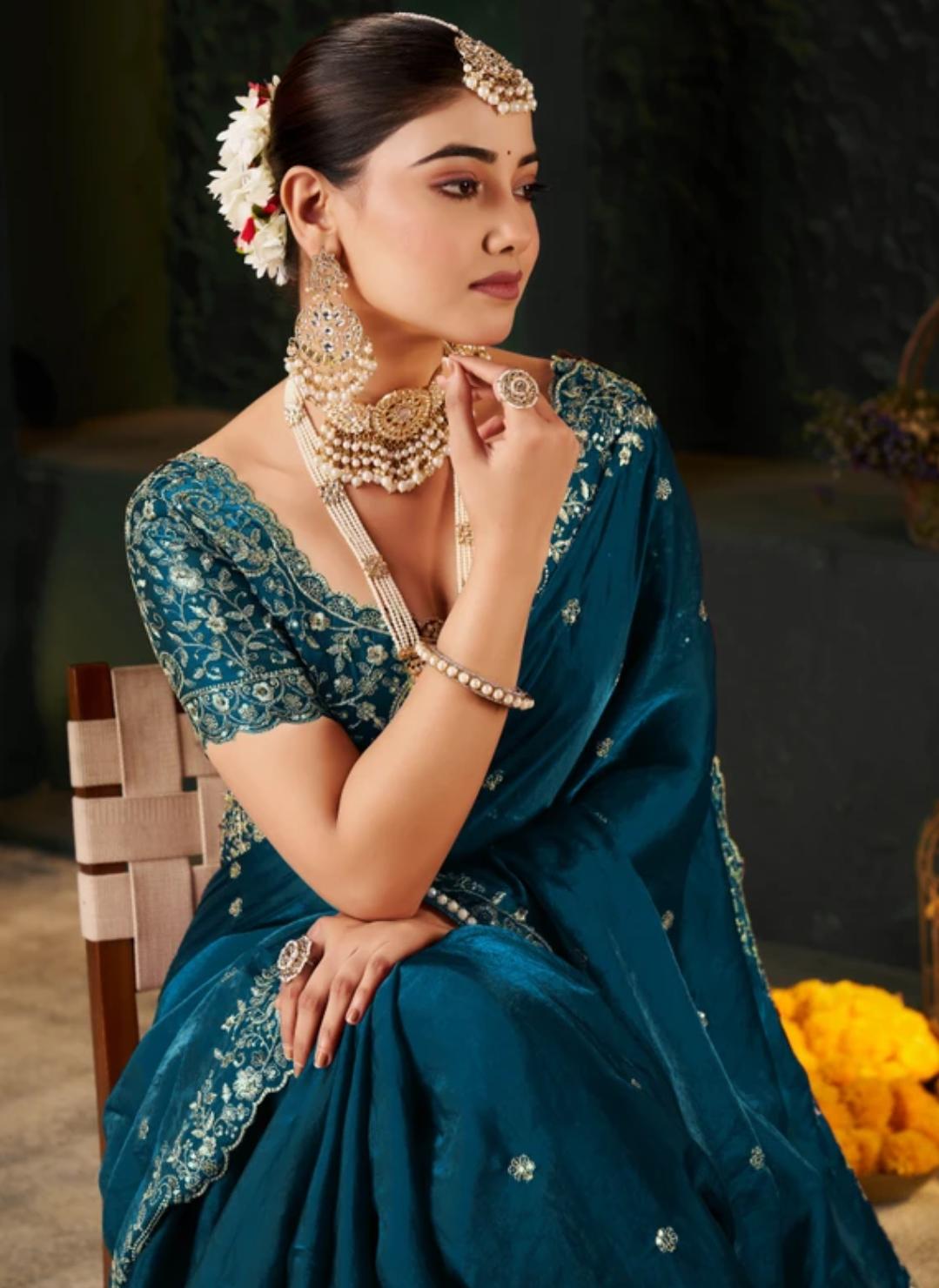 Royal Blue Embroidered Saree