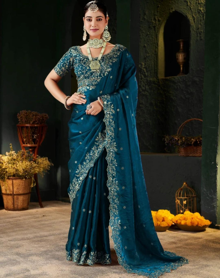 Royal Blue Embroidered Saree