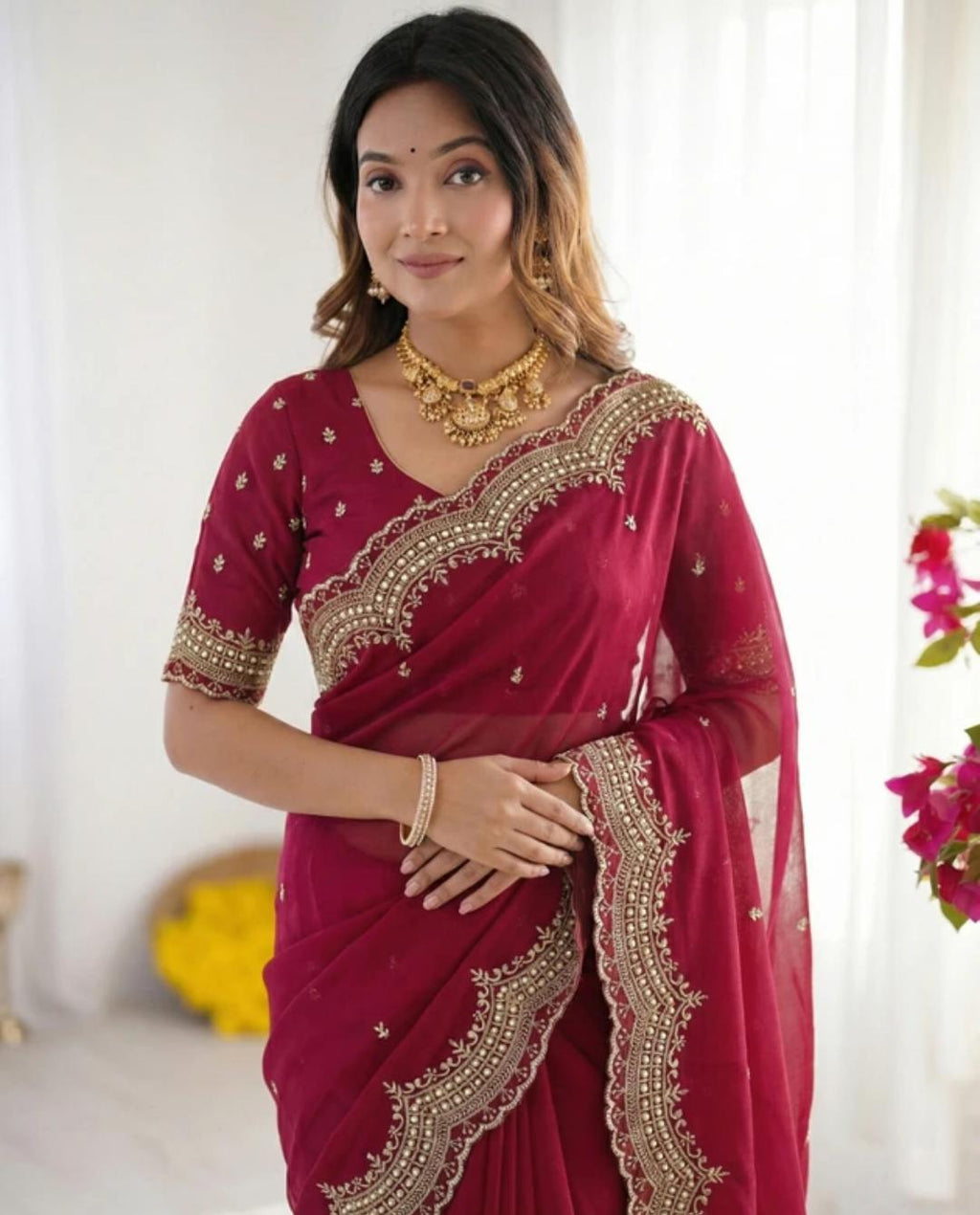 Wine Zari Silk Saree