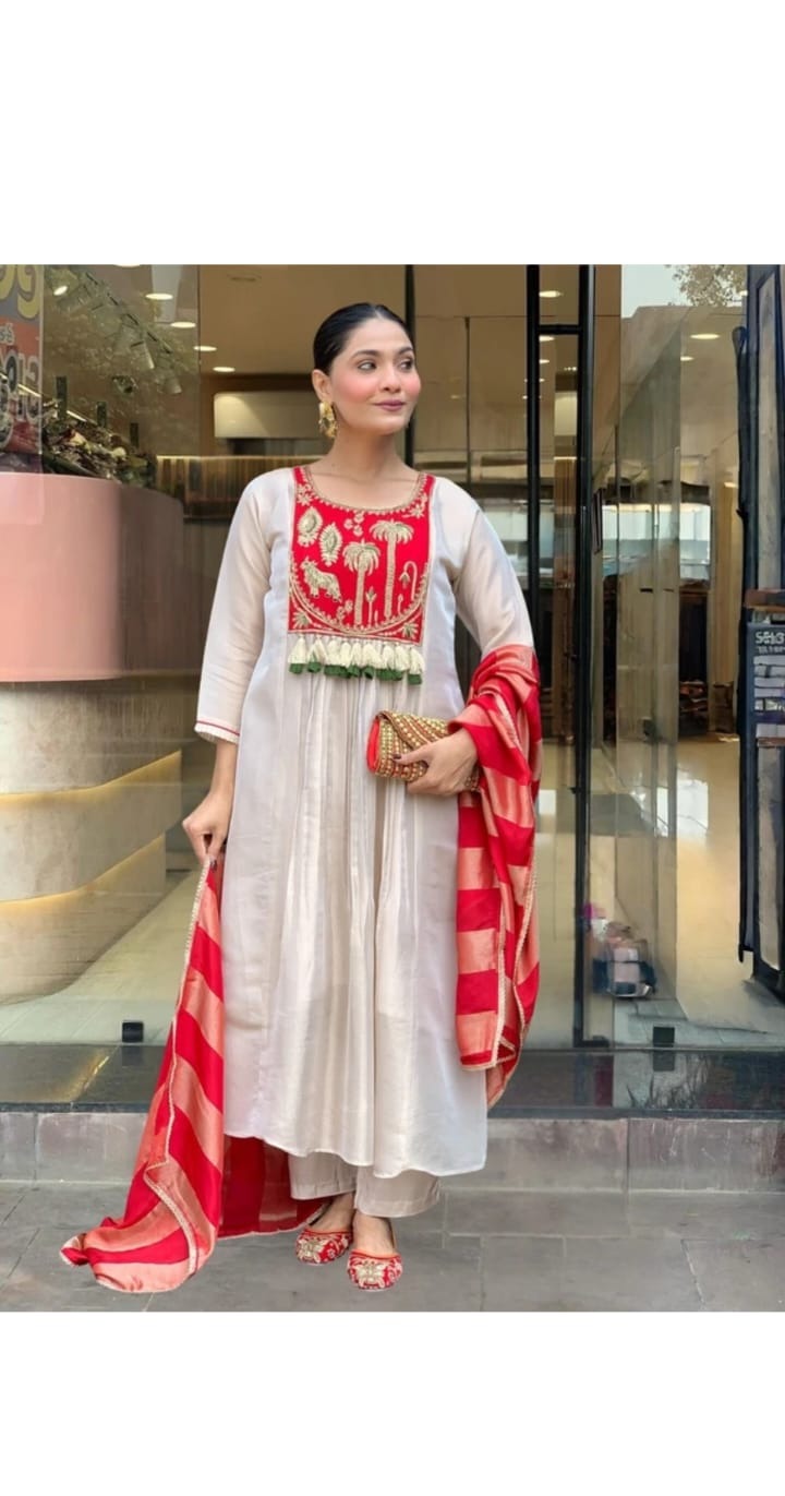 Ivory Red Dupatta Set